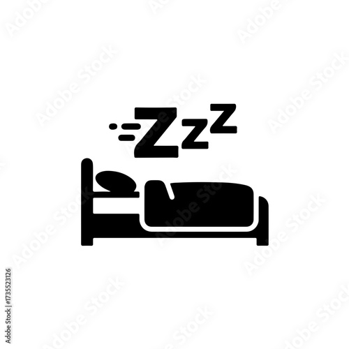 A clean and striking black and white line icon of a simple bed (mattress, pillow, and blanket) with a large "Zzz" symbol floating above it. This graphic clearly represents sleep, rest, bedroom comfort