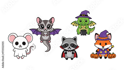 Spooky Animal Companions: Whimsical cartoon animals with vibrant colors, dressed up for Halloween in this cheerful collection, including a fox, dragon, mouse, sugar glider.