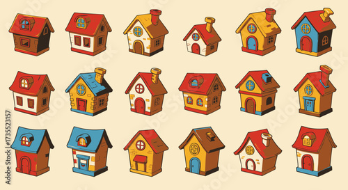 A charming collection of cartoon-style houses, showcasing a variety of vibrant colors and playful designs, perfect for illustrating concepts of home, community, and childhood