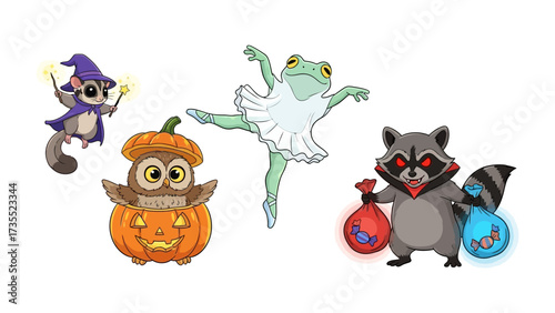 Whimsical Critters: A charming collection of anthropomorphic animals in various enchanting outfits, including an owl, frog, raccoon, and a gliding squirrel.
