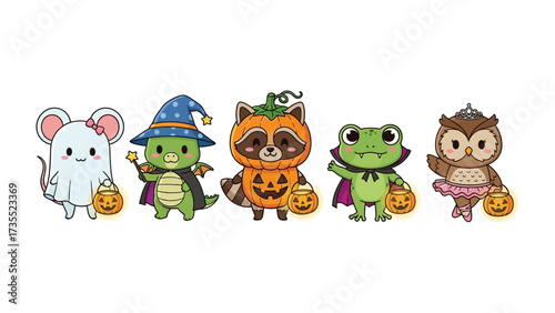 Halloween Animal Celebration: A delightful collection of adorable cartoon animals dressed in Halloween costumes, each holding a jack-o'-lantern bucket, ready for trick-or-treating.