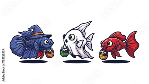 Spooky Aquatic Trio: Three charming fish, each adorned in festive Halloween attire, carry candy baskets. A delightful illustration.