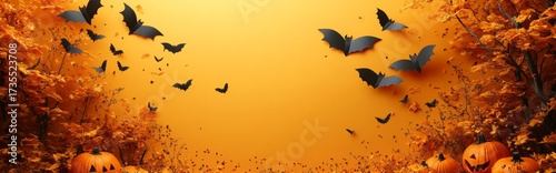 Halloween Pumpkins And Flying Bats In Autumn Forest