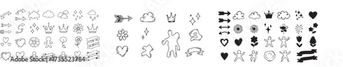 ine icon cute element set. Doodle line color icon decorative arrow, cloud, crown, sparkle and flower. Hand drawn heart, sketchy figure, funny outline and cartoon ribbon for kids-03.eps, Line icon cute