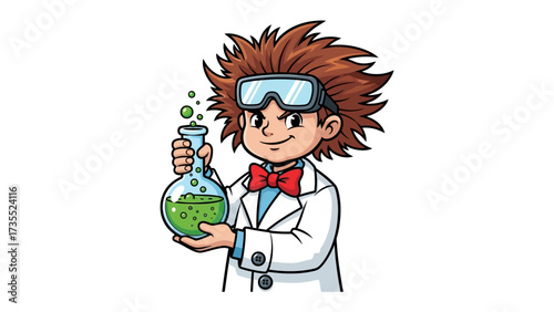 Excited Scientist: A youthful scientist, sporting safety goggles and a bowtie, holds a bubbling flask filled with vibrant, green liquid, capturing the essence of scientific curiosity and discovery.