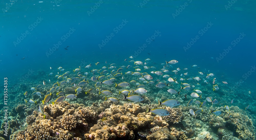 Obraz premium Underwater school of fish swimming above a vibrant coral reef ecosystem