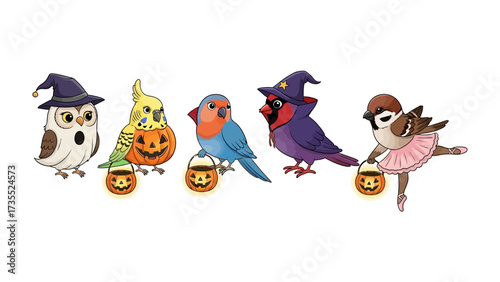 Halloween Avian Assemblage: A collection of charming cartoon birds dons whimsical Halloween attire, each perched proudly, offering a touch of festive cheer and avian delight.