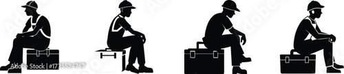 Silhouette of plumber sitting on toolbox resting and contemplating set vector