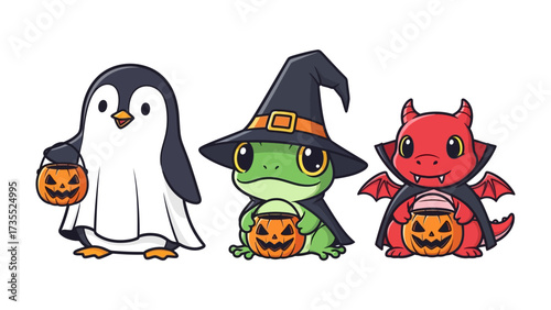 Whimsical Halloween Trio: A charming collection of adorable animal characters in festive Halloween costumes, each clutching a glowing pumpkin bucket for candy.