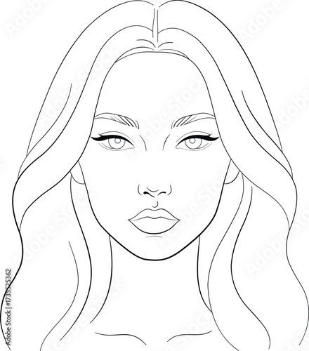 This detailed line art illustration features a woman's face with long, flowing hair. The design captures facial features with precision and elegance
