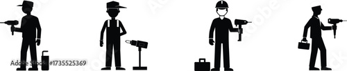 Silhouettes of male construction workers holding drills and toolboxes representing labor and building professions. vector