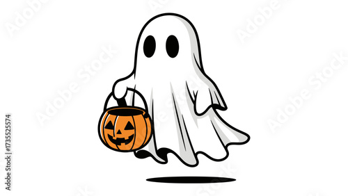 Friendly Ghost with a Pumpkin Basket: A charming cartoon ghost, draped in a white sheet, float merrily while holding a carved pumpkin basket for treats, embodies the playful spirit of Halloween.