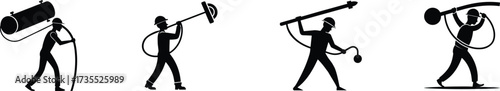 Silhouette of worker lifting heavy pipe with rope set in dynamic action poses vector