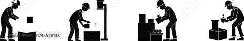 Worker silhouettes loading pipe fittings into boxes set industrial warehouse scene vector