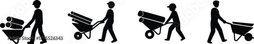 Worker silhouette pushing wheelbarrow loaded with pipes construction site scene vector