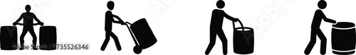 Silhouette of worker pushing water barrel various positions set vector