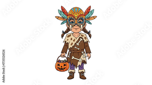 Halloween Costume: A young child stands in a vibrant costume, ready for a fun-filled evening of trick-or-treating. The focus is on the elaborate mask and traditional outfit.