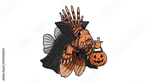 Halloween Lionfish: A whimsical illustration depicts a lionfish playfully adorned in a Halloween vampire costume, trick-or-treating with a pumpkin bag.