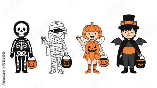 Halloween Parade of Costumed Figures: A charming array of children in diverse costumes—a skeleton, a mummy, a pumpkin fairy, and a bat—march joyfully, each holding a jack-o'-lantern.