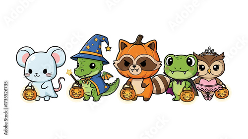 Halloween Creature Parade: A whimsical illustration featuring adorable cartoon creatures dressed in charming Halloween costumes, ready for trick-or-treating and festive fun.