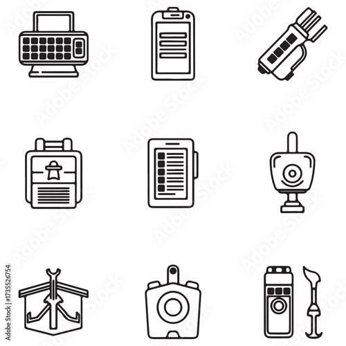 Collection of Black and White Vector Line Icons of Technical Equipment and Outdoor Devices