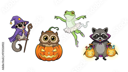 Spooky Animal Friends: A delightful illustration showcasing a charming ensemble of Halloween creatures, ready for a night of festive fun and mischief. 
