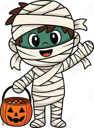 Cartoon boy in mummy costume, wrapped bandages, holding pumpkin candy bucket, cute Halloween character, spooky holiday illustration, trick or treat