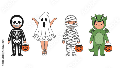 Halloween Character Ensemble: A vibrant assembly of adorable children in playful Halloween costumes, including a skeleton, ghost, mummy, and dragon, holding small pumpkin buckets
