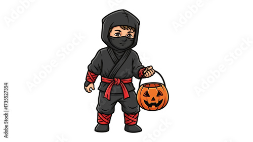 Ninja Kid Trick or Treat: A costumed child, embodying the spirit of a ninja, joyfully embraces the festive tradition of trick-or-treating, accompanied by a carved pumpkin bucket.