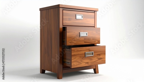 Wooden chest of drawers with metal handles and label holders on white background for editorial furniture design home organization and interior decor-themed visuals