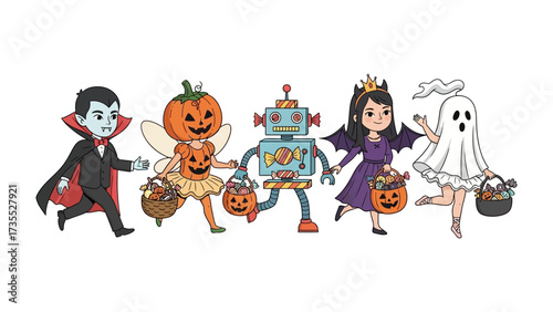Halloween Costume Parade: A vibrant illustration captures children in various playful Halloween costumes, joyfully parading along, basket in hand.