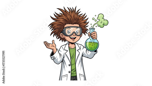 Curious Experiment: An enthusiastic child scientist, sporting a lab coat and goggles, conducts a bubbling experiment, perfectly capturing the wonder of scientific exploration.