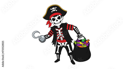 Adventure of a Cartoon Pirate: A mischievous cartoon pirate, complete with a skeleton appearance, eye patch, a hook, and a treasure bag full of vibrant fruits, ready for a daring adventure!