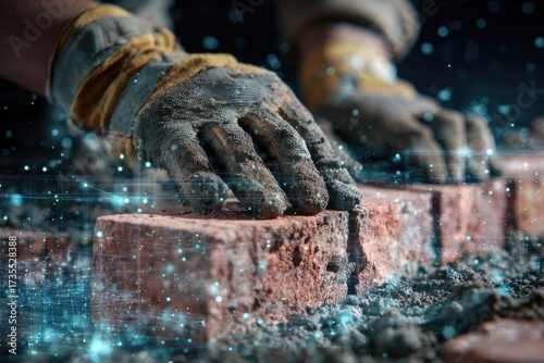 Close-up of gloved hands meticulously placing bricks, construction scene with digital glow