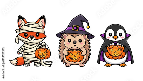 Halloween Trio: A cute trio of Halloween-themed characters, featuring a fox in mummy bandages, a hedgehog in a witch hat, and a penguin in a vampire cape, each holding a carved pumpkin