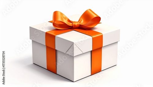White gift box with vibrant orange ribbon and bow on clean background for editorial celebration design gifting culture and special occasion-themed visuals