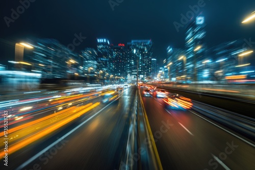 Dynamic long-exposure shot showcasing vibrant streaks of traffic lights amidst towering city lights at night