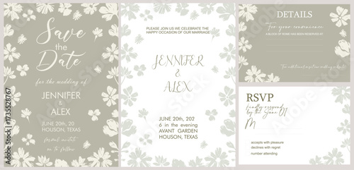 Elegant floral wedding invitation set in sage green with minimalist brush-style flowers. Includes Save the Date, RSVP, Details, and Ceremony cards for modern weddings.