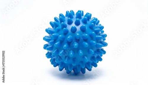 Blue spiky massage ball with rounded protrusions for deep tissue therapy and muscle relaxation on white background for editorial wellness photography fitness accessory decor and poetic recovery-themed