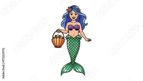 Mystical Mermaid: A whimsical illustration of a lovely mermaid with flowing blue hair, her eyes twinkling with playful delight.