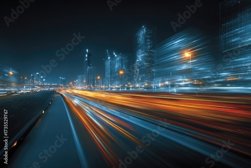 Blurred highway lights streak across a cityscape at night with tall buildings in the background