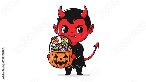 Devilish Delight: An adorable cartoon devil joyfully clutches a pumpkin bucket overflowing with candy, embodying the spirited essence of Halloween in a whimsical illustration.