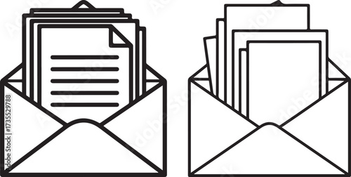Two Open Envelopes with Papers, Minimalist Outline Icons for Communication and Correspondence