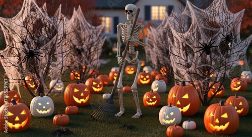 Lawn with pumpkins spider webs skeletons and rakes Halloween decorations