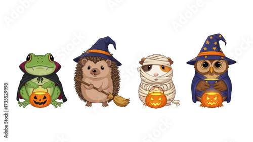 Halloween Animals Cartoon: A playful illustration features a frog, hedgehog, guinea pig, and owl, each adorned in Halloween costumes and holding a jack-o'-lantern.