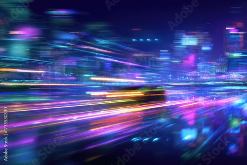 Vibrant cityscape with blurred light trails from vehicles at night; an urban visualization