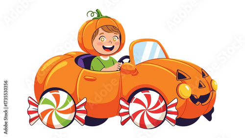 Halloween car and boy in Pumpkin costume: A vibrant cartoon showcases a happy boy, donned in a playful pumpkin costume, joyfully driving a whimsical car transformed into a giant pumpkin.