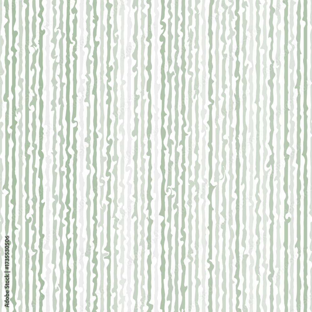 Seamless pattern of vertical wavy stripes in sage green color palette on white background. The irregular, twisted lines create resembling hand-painted or free-flowing brushes