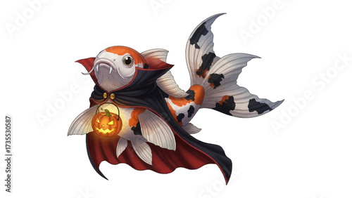 Halloween Koi Fish: A whimsical koi fish, donning a cape and holding a carved pumpkin lantern, floats in a vibrant depiction, capturing the enchanting spirit of Halloween.