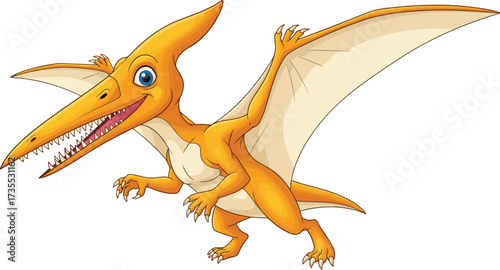 Cartoon flying dinosaur pterodactyl illustration with wings, prehistoric reptile character, orange pterosaur drawing, funny animal design, kids educational artwork